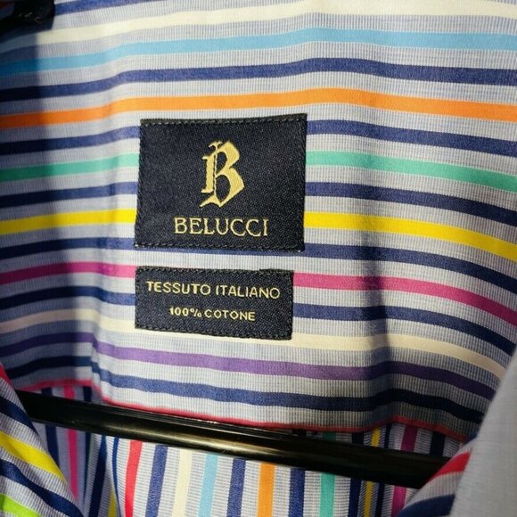 Mens Button DownDress Shirt Belucci Tessuto Italiano Size XL Vertical Stripe u - Picture 3 of 5